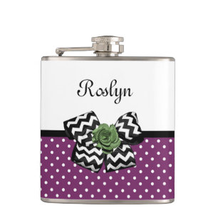 Petaca Cute Púrpura Pega Rosa Verde Chevron Bow Con Nombr