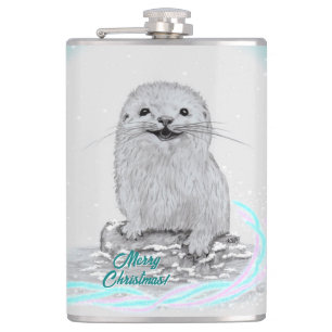 Petaca Cute White Baby Sea Otter , Feliz Navidad
