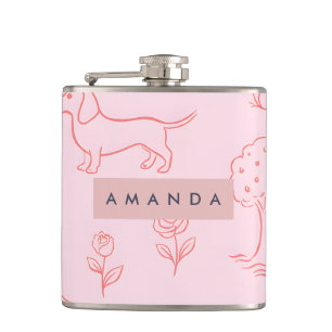 Petaca Dachshund Rosa Personalizado y Flor
