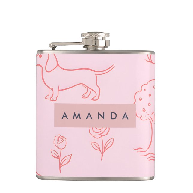 Petaca Dachshund Rosa Personalizado y Flor (Anverso)