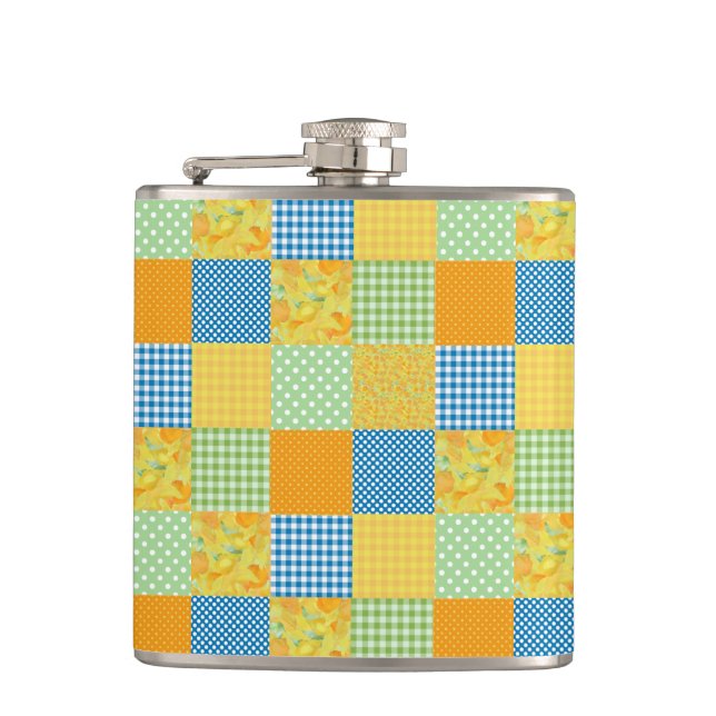 Petaca Daffodils Hip Flask: Faux-Patchwork de estilo rura (Anverso)