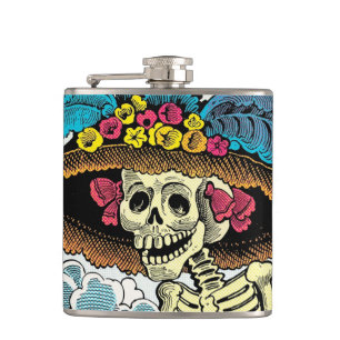 Petaca Dama de la Calavera Azucarera con Sombrero Floral 