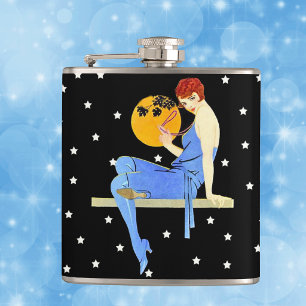 Petaca Dama Flapper Vintage de los años 20 Luna Estrellas