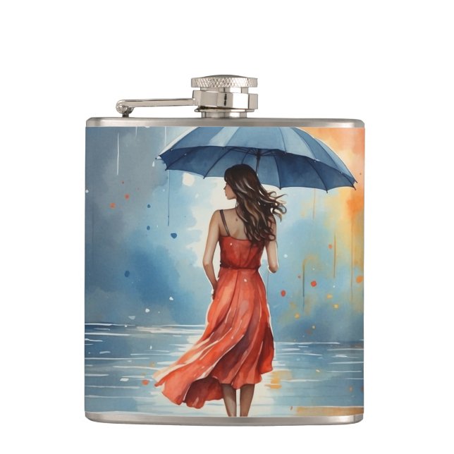 Petaca Dama Sexy bajo la Lluvia con Paraguas - Arte Acuar (Anverso)