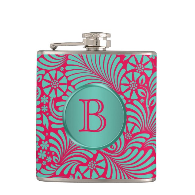 Petaca Damasco floral moderno monogramado (Anverso)