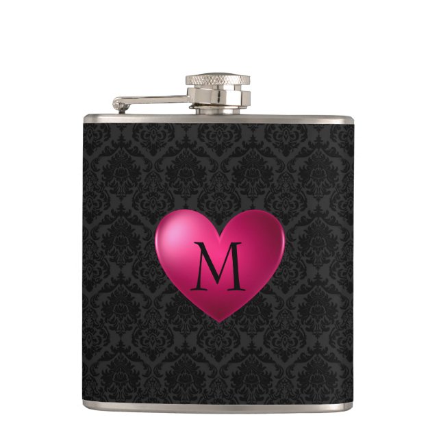 Petaca Damasco Negro Y Corazón Rosa (Anverso)