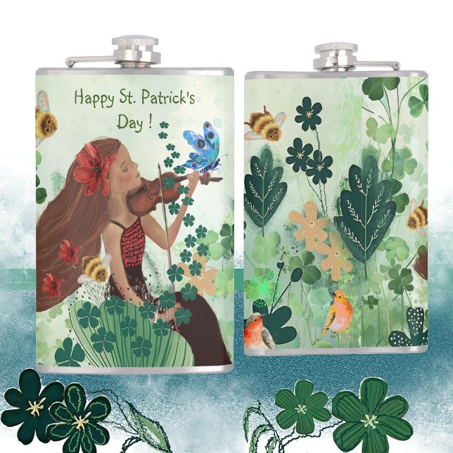 Petaca Día de San Patricio con Música (St Patrick's Day with Music Flask, with woman playing a violin )