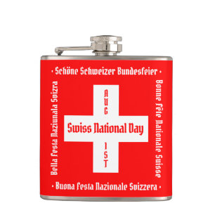 Petaca Día Nacional Suizo en cuatro idiomas Bandera Suiza