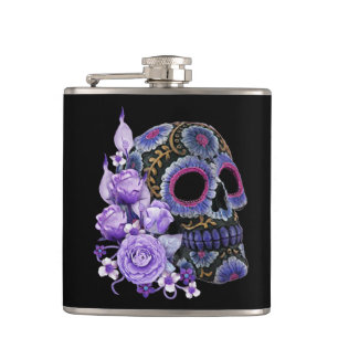 Petaca Día negro floral púrpura del cráneo del azúcar de