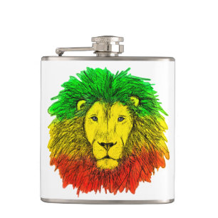 Petaca Dibujo de cabeza de león Rasta rojo amarillo verde