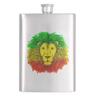 Petaca Dibujo de cabeza de león Rasta rojo amarillo verde