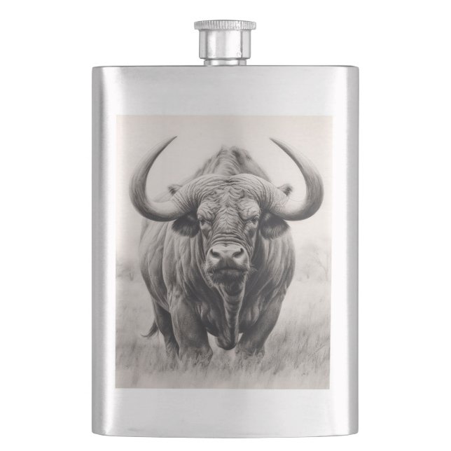 Petaca Dibujo de lápiz de búfalo africano (Anverso)