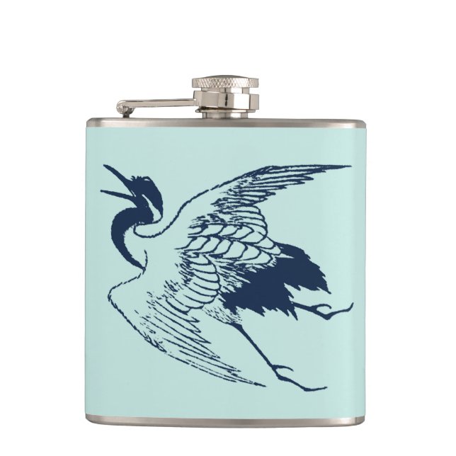 Petaca Dibujo japonés vintage de una grúa, azul (Anverso)