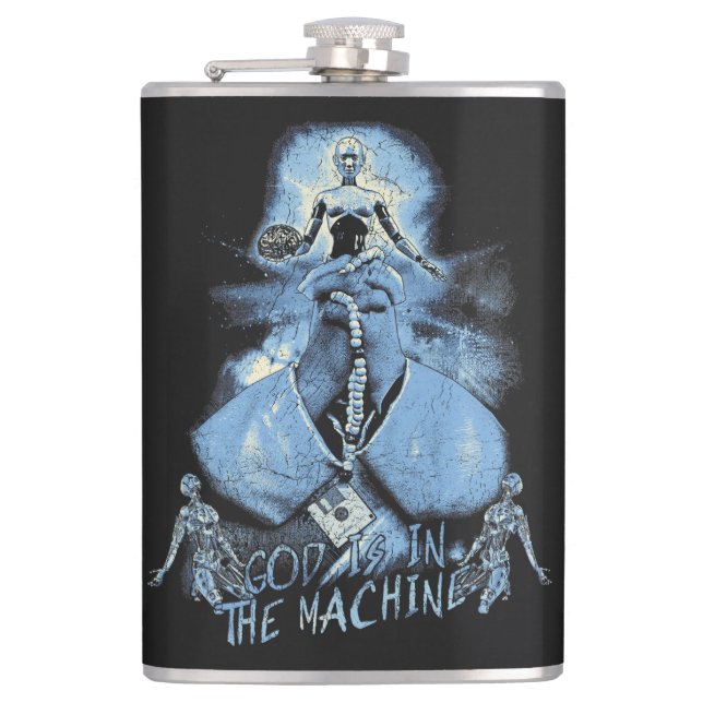 Petaca Dios está en la máquina - Diseño tecno-distópico (Anverso)