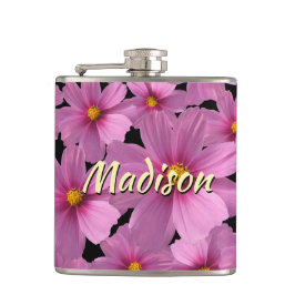 Petaca Diseño de flores moradas de cosmos en un fondo neg