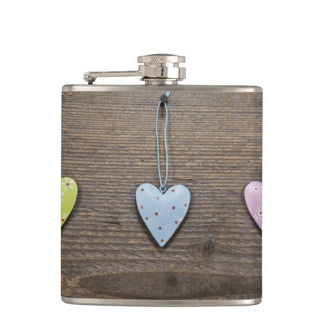 Petaca Diseño de madera de corazones de estaño SHABBYCHIC (Anverso)