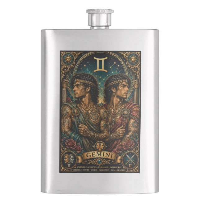 Petaca Diseño zodiacal masculino celestial Géminis (Anverso)