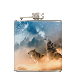 Petaca Dos lobos aullan en la luna llena en el bosque