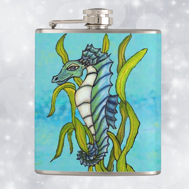 Petaca Dragón de mar azul fantasía Caballo de mar Algas (Fantasy aqua blue and white seahorse in green seaweed on shades of blue drinking flask.)