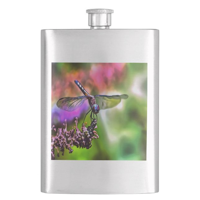 Petaca Dragonfly en pintura realista verde y azul (Anverso)