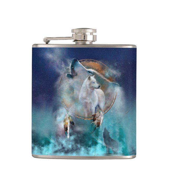 Petaca Dreamcatcher indio y lobo de jefe étnico tribal (Anverso)