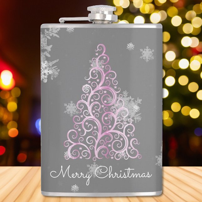 Petaca El arbol rosa de Navidad y la máscara de los copos (Pink Christmas Tree and Snowflakes Flask)