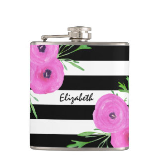 Petaca El blanco negro raya el ranúnculo rosado floral