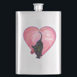 Petaca El día de San Valentín de gato negro<br><div class="desc">Desfile Animal Romántico Corazón de Gato Negro y Regalos de Amor, Tarjetas y Accesorios presenta nuestra divertida obra de arte de un gatito negro elegante sosteniendo a un rosa en su boca con el púrpura estratificado, rojo y el corazón rosado detrás. Este genial gato en diseño de amor es un...</div>