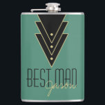 Petaca El mejor hombre del arte moderno Tuxedo<br><div class="desc">Una gran idea de regalo para el Mejor Hombre de tu boda, este diseño presenta un trío de triángulos inspirado en el arte deco, bordeado en un tono dorado y lleno de puntos. Agregue el nombre de su mejor hombre en lugar del texto de ejemplo. Puede cambiar el color de...</div>