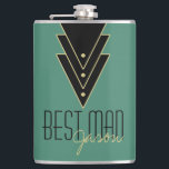 Petaca El mejor hombre del arte moderno Tuxedo<br><div class="desc">Una gran idea de regalo para el Mejor Hombre de tu boda, este diseño presenta un trío de triángulos inspirado en el arte deco, bordeado en un tono dorado y lleno de puntos. Agregue el nombre de su mejor hombre en lugar del texto de ejemplo. Puede cambiar el color de...</div>