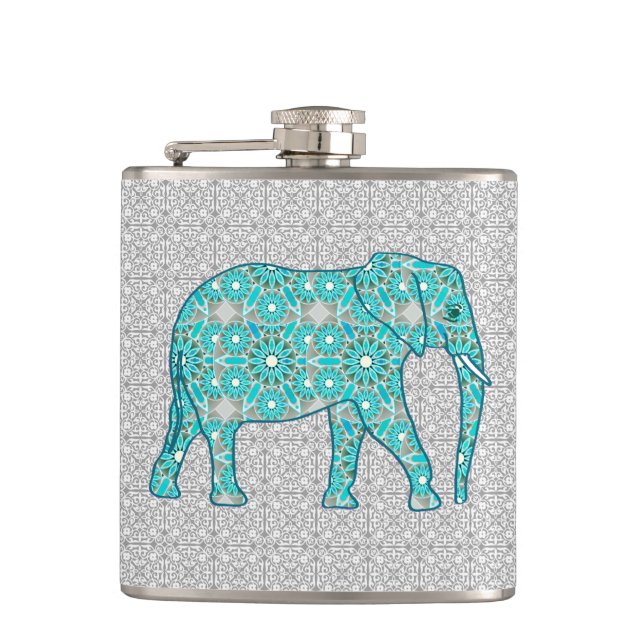Petaca Elefante de la flor de la mandala - turquesa, gris (Anverso)