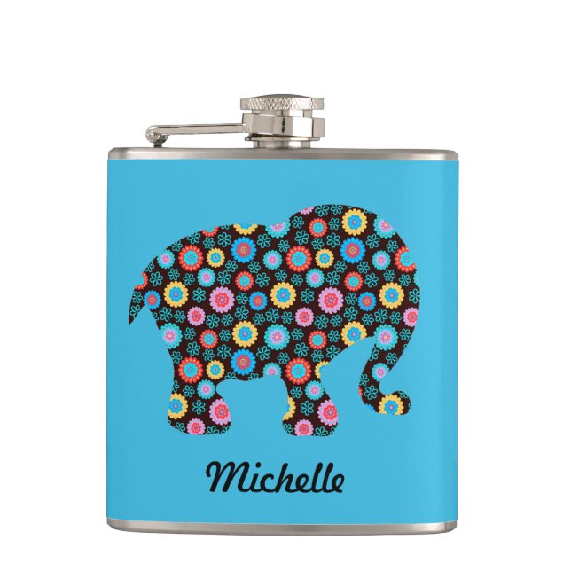 Petaca Elefante de patrón de flores sobre azul personaliz (Anverso)