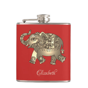 Petaca Elefante Paisley floral dorada, rojo- personalizad
