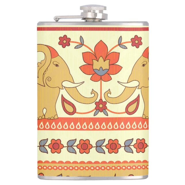 Petaca elefantes étnicos, flores, patrón sin fisuras. (Anverso)