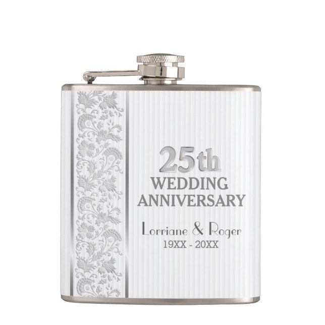 Petaca Elegancia floral plateada 25º aniversario Boda (Anverso)