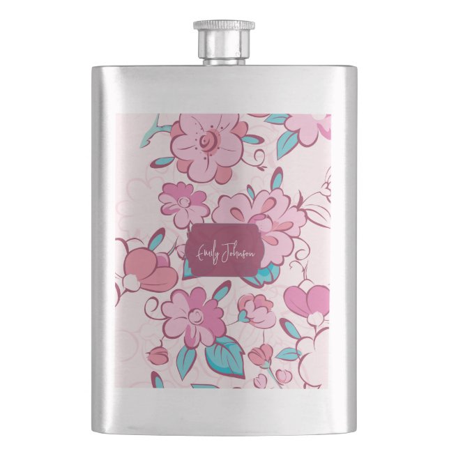Petaca Elegant Pink Blossom Custom Name Floral Design (Anverso)