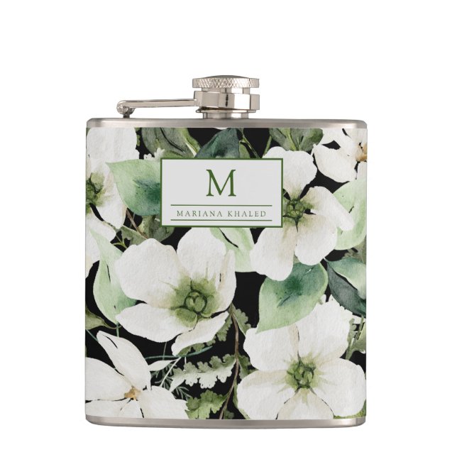 Petaca Elegante acuarela floral blanco y negro (Anverso)