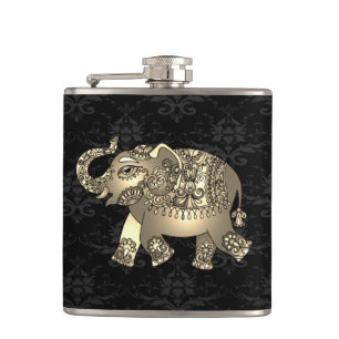 Petaca Elegante Chic Elefante Floral Dorado, Damask Negro