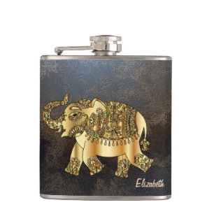 Petaca Elegante Chic Elefante Floral Oro, Aspecto Cuero