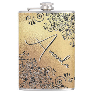 Petaca Elegante dorado Black Floral Swirl Name