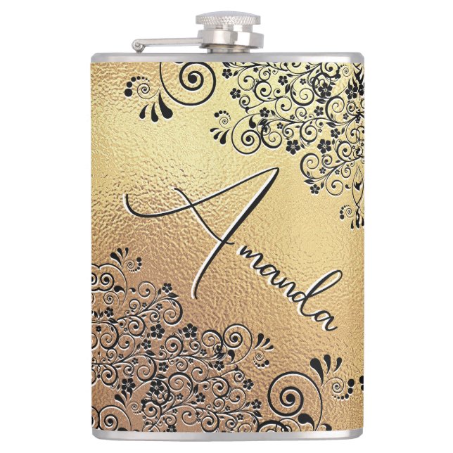 Petaca Elegante dorado Black Floral Swirl Name (Anverso)