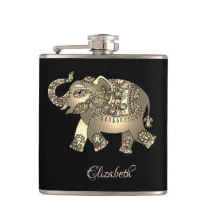 Petaca Elegante elefante dorado floral, negro - personali