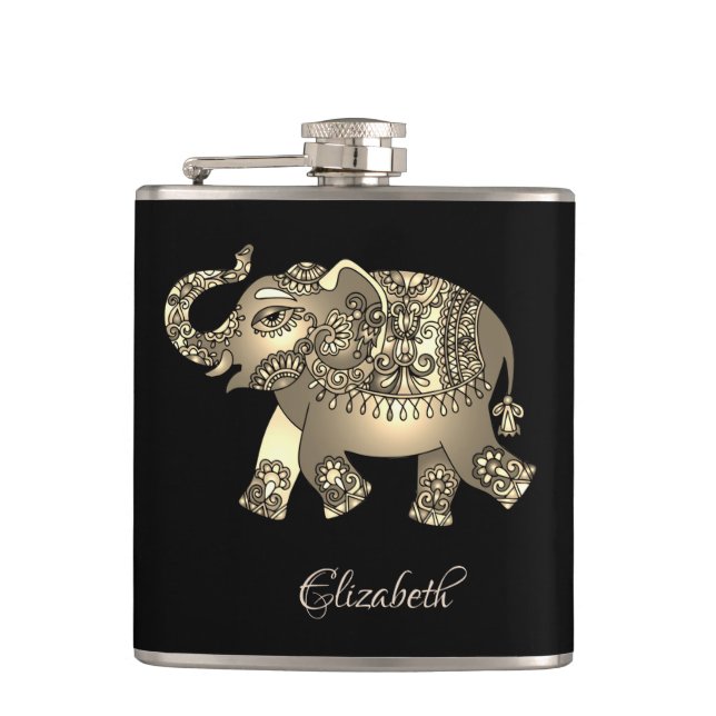 Petaca Elegante elefante dorado floral, negro - personali (Anverso)