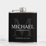 Petaca Elegante Groomsmen Negro Personalizado<br><div class="desc">Añada un toque personal a su boda con un matraz de groomsmen personalizado. Este matraz presenta el nombre personalizado del groomsman con el título y la fecha boda en blanco y monograma en gris como fondo, en estilo clásico serif, sobre fondo negro. También perfecto para el mejor hombre, padre de...</div>