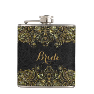 Petaca Elegante Lugar De Oro Y Paisley Floral Negra