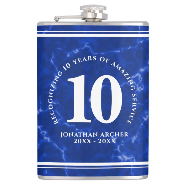 Petaca Elegante mármol azul 10 años de trabajo aniversari (Anverso)