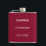 Petaca Elegante matraz de Groomsman personalizada en Borg<br><div class="desc">Elegante Burgundy Personalized Groomsman Flask,  por favor personaliza el nombre del groomsman y la fecha del boda,  usando la plantilla de personalización en línea antes de pedir. El matraz puede ser personalizado para otros roles de boda como Best Man si lo desea,  cambiando el texto correspondiente antes de ordenar.</div>