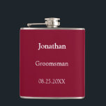 Petaca Elegante matraz de Groomsman personalizada en Borg<br><div class="desc">Elegante Burgundy Personalized Groomsman Flask,  por favor personaliza el nombre del groomsman y la fecha del boda,  usando la plantilla de personalización en línea antes de pedir. El matraz puede ser personalizado para otros roles de boda como Best Man si lo desea,  cambiando el texto correspondiente antes de ordenar.</div>