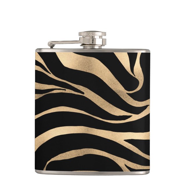 Petaca Elegante metal dorado Zebra Black Animal Print (Anverso)