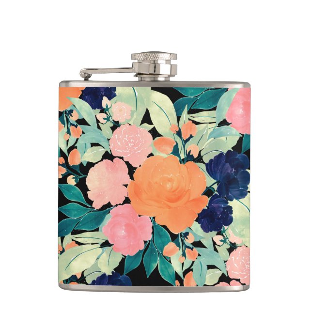 Petaca Elegante Naranja rosa azul Flores florales negras (Anverso)